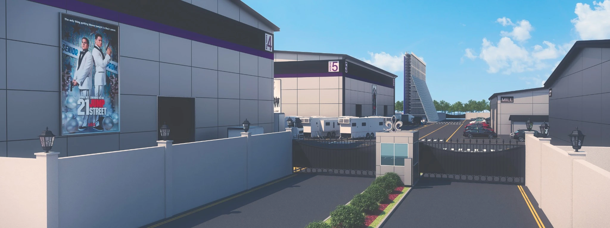 The proposed studio campus and production buildings. Architectural visualization.