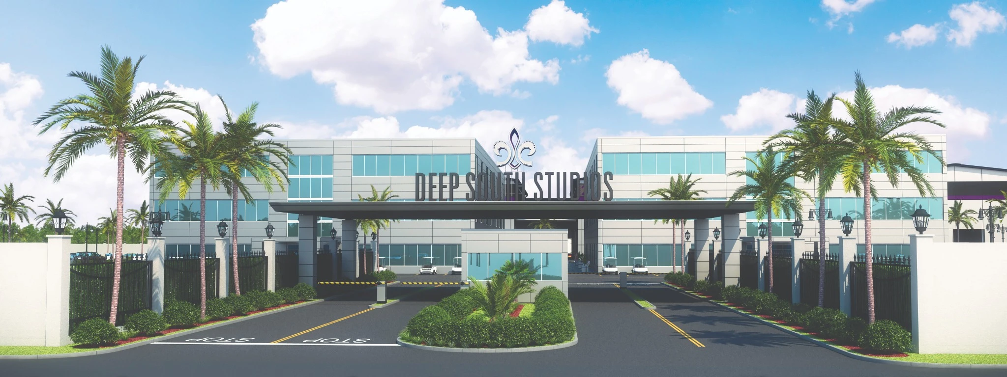 Architectural visualization of the Deep South Studios entrance, with studio signage and palm trees