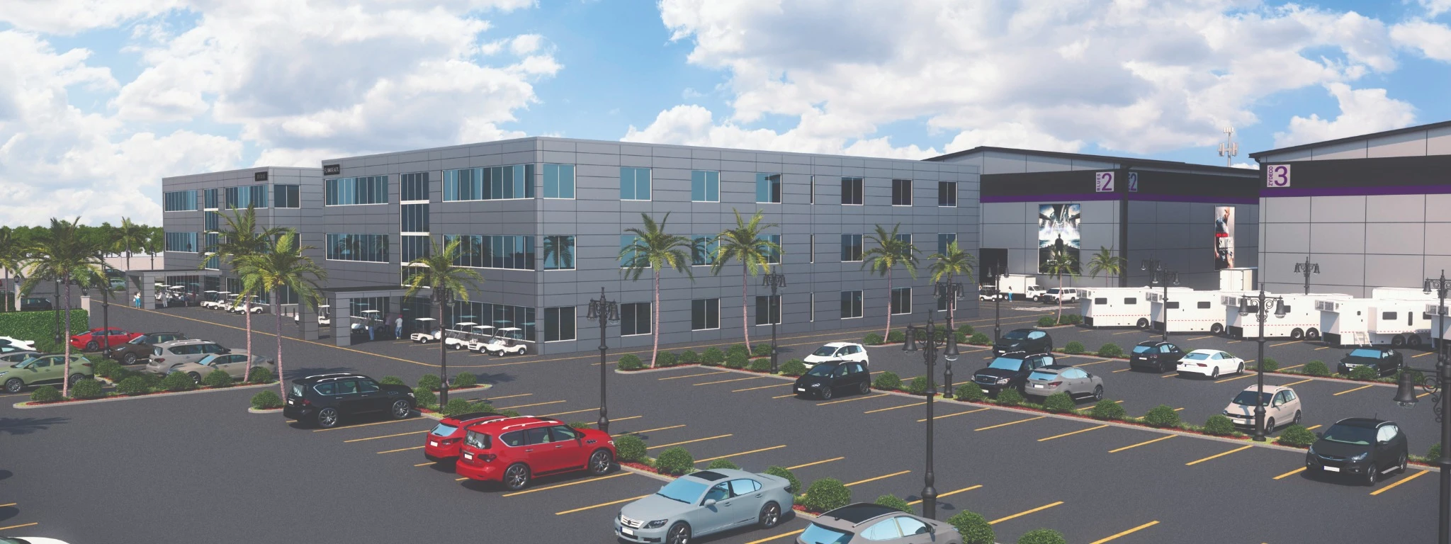 Office buildings and arrival areas.