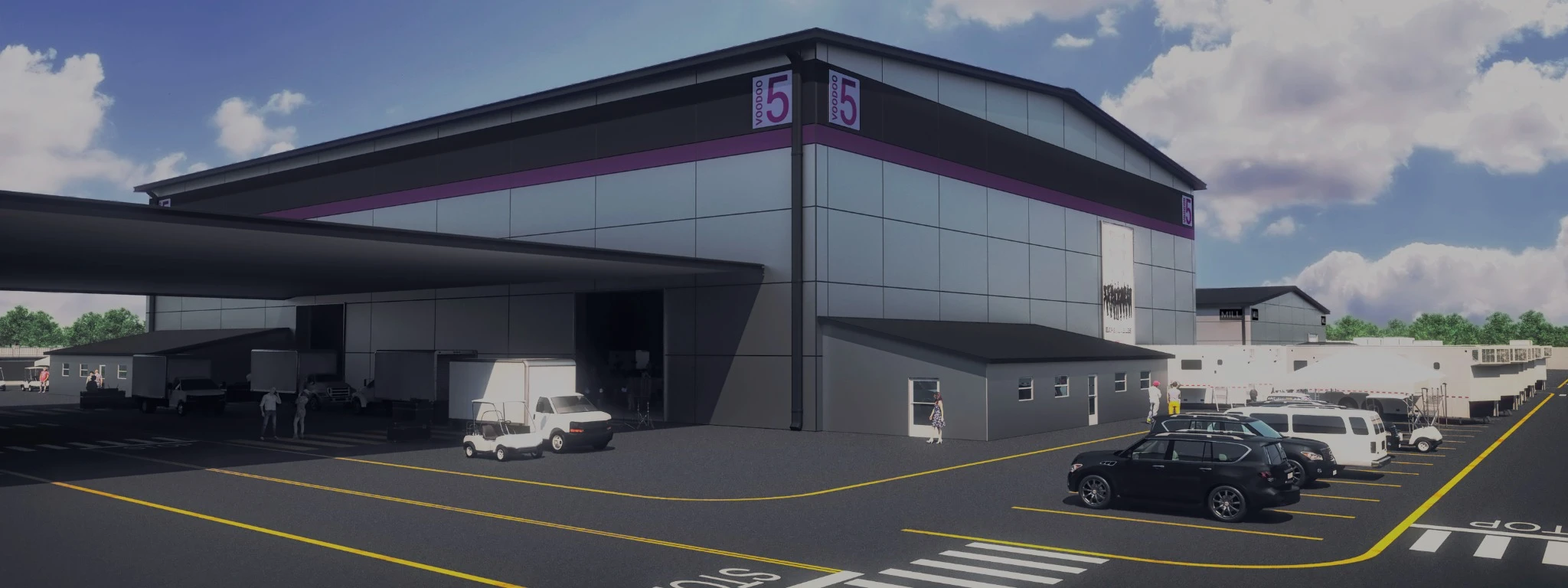 A soundstage exterior and covered entrance.