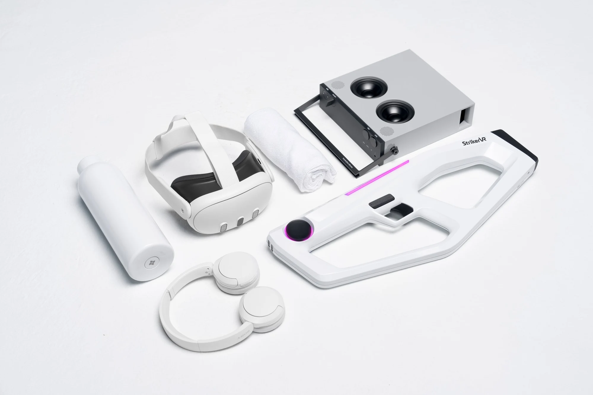 Exploded view of the white Mavrik VR blaster and its internal components