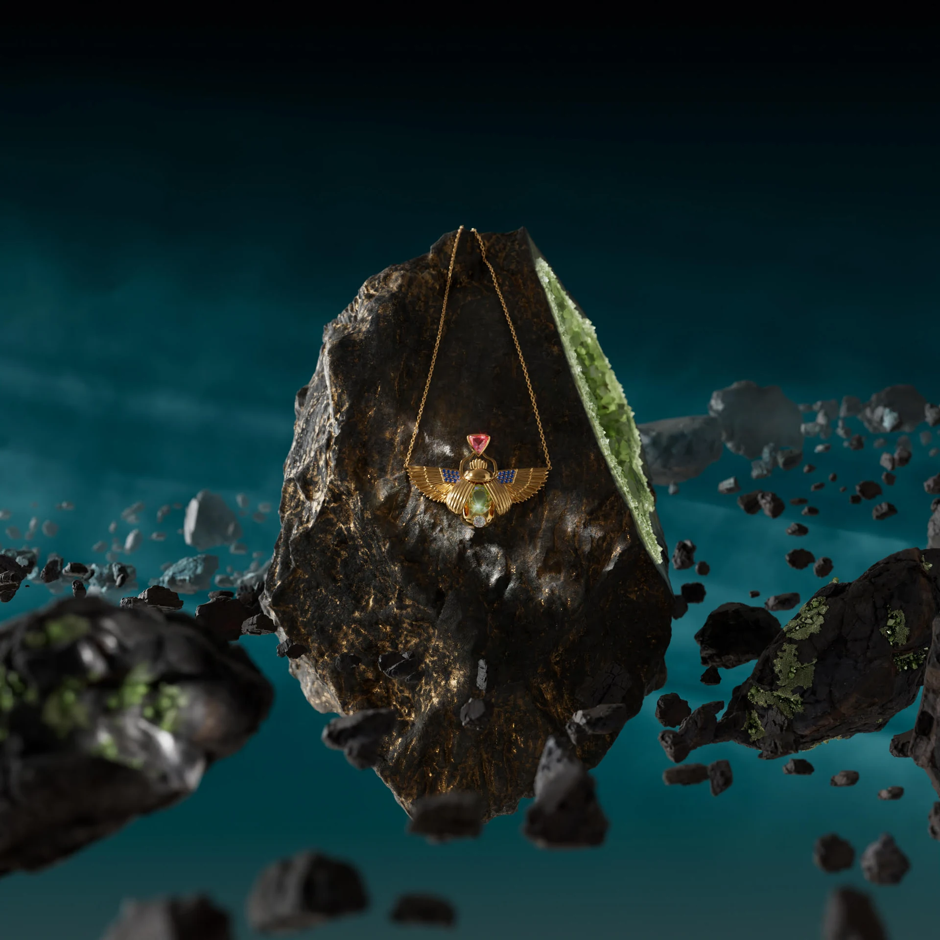 The Porter Lyons scarab necklace on a floating rock, surrounded by suspended stones in a teal atmosphere