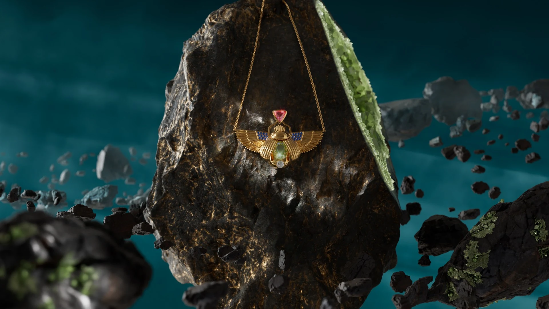A gold winged scarab necklace suspended against a floating rock and a deep teal landscape