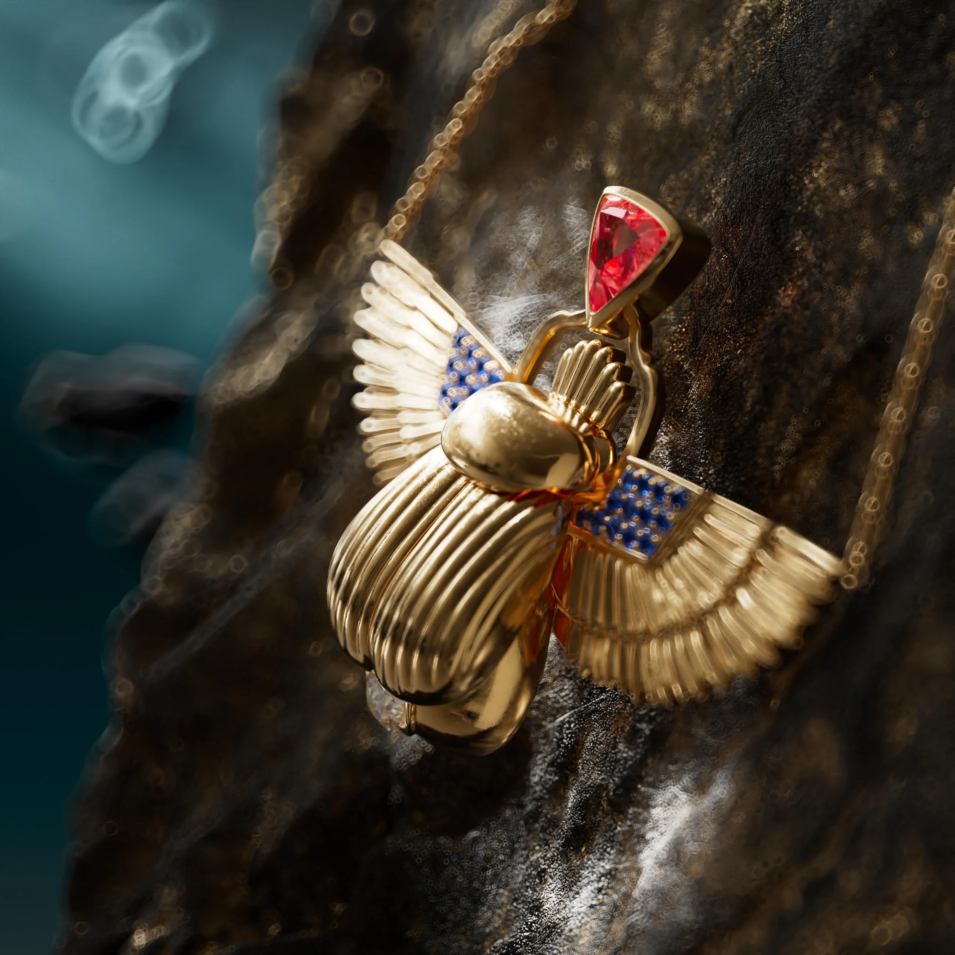 The finished scarab necklace, seen up close.
