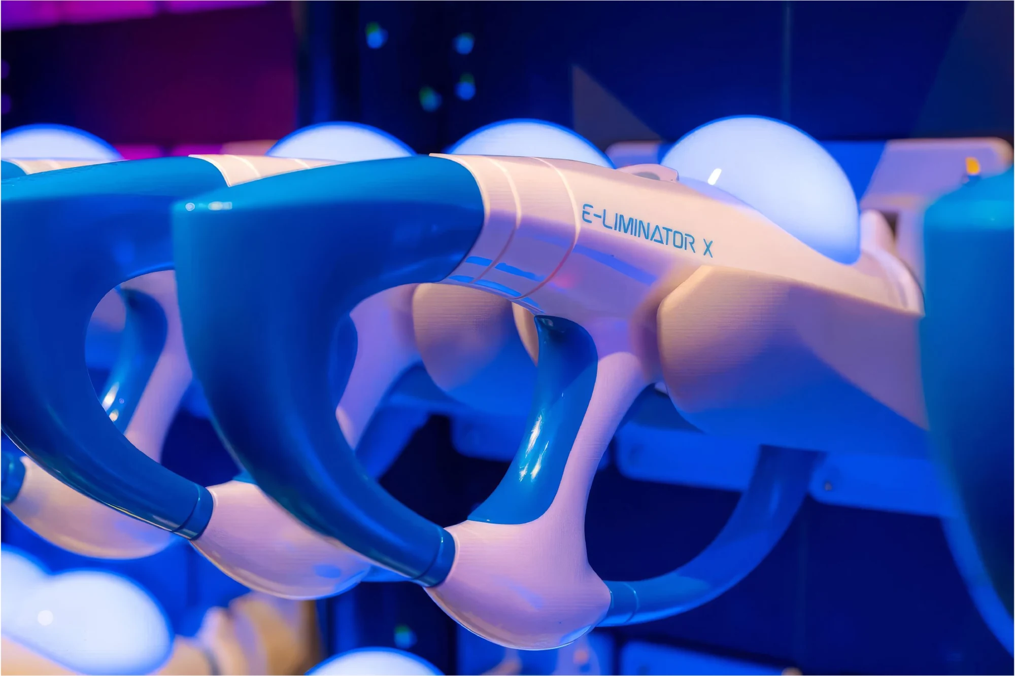 Blue and white E-Liminator X blasters at Universal Studios